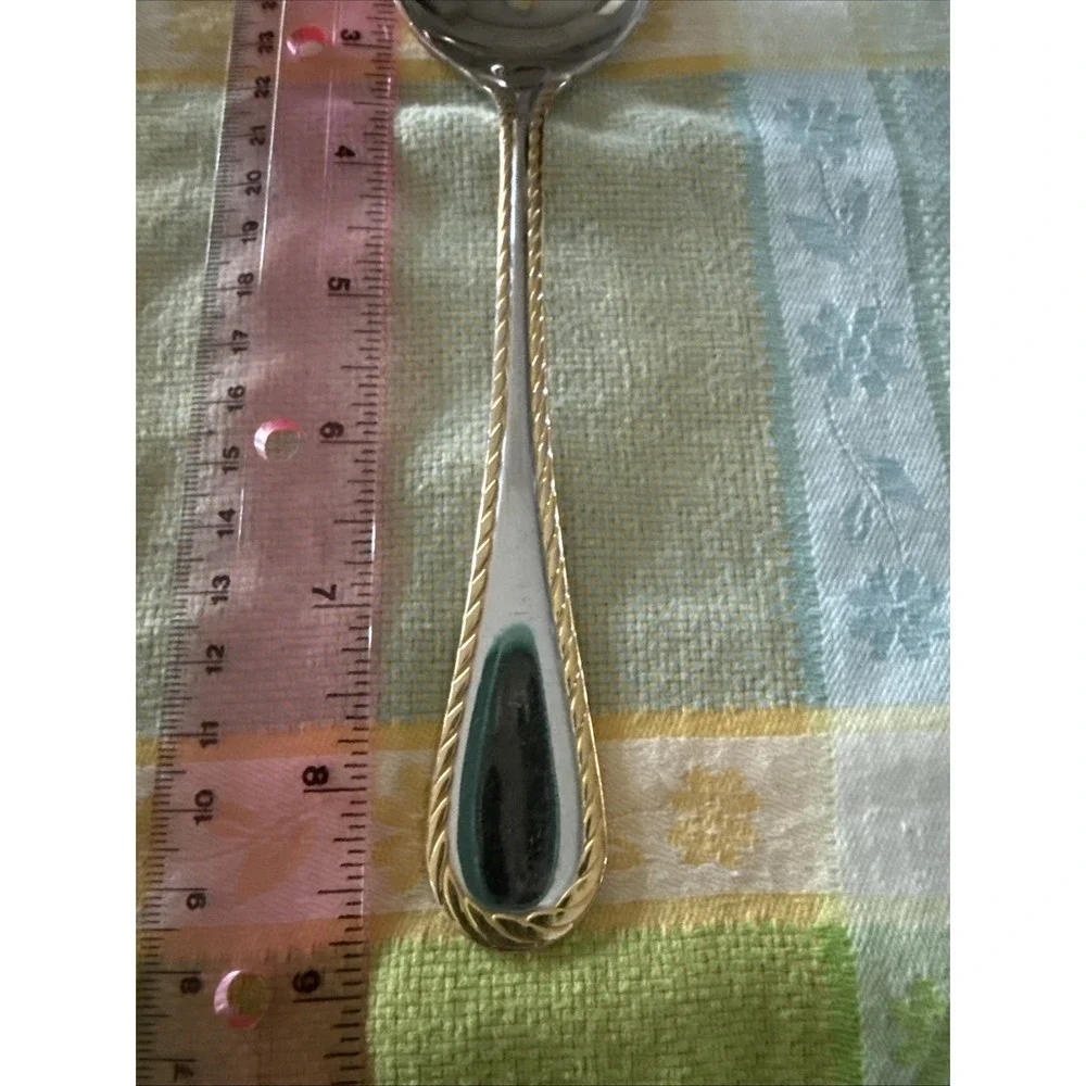 Oneida GOLDEN BELMONT SS Rope Edge Gold Accent Slotted Serving Spoon‎ 4595